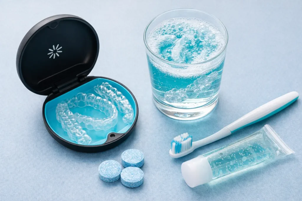 invisalign with cleaning materials around it