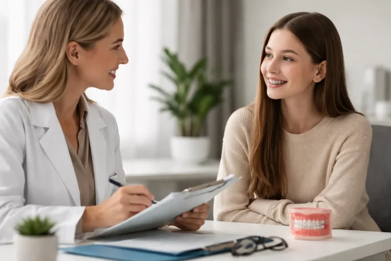 Orthodontist discussing braces treatment with a teenage patient during a consultation at a dental office, with paperwork and a dental model on the desk