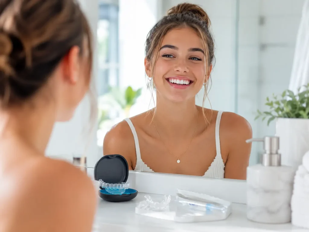 Radiant smile in a modern bathroom
