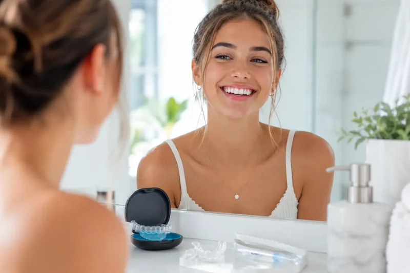 Radiant smile in a modern bathroom