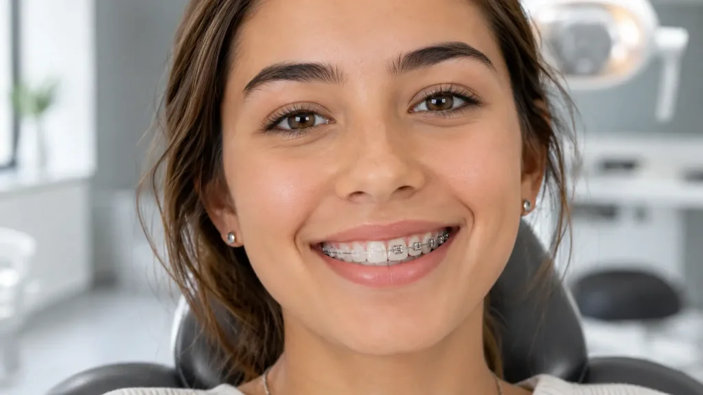 Smiling patient with braces at dentist