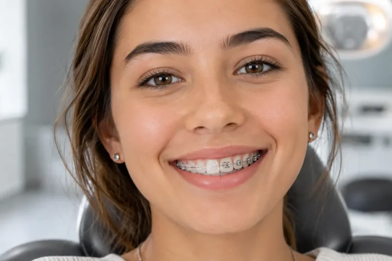 Smiling patient with braces at dentist