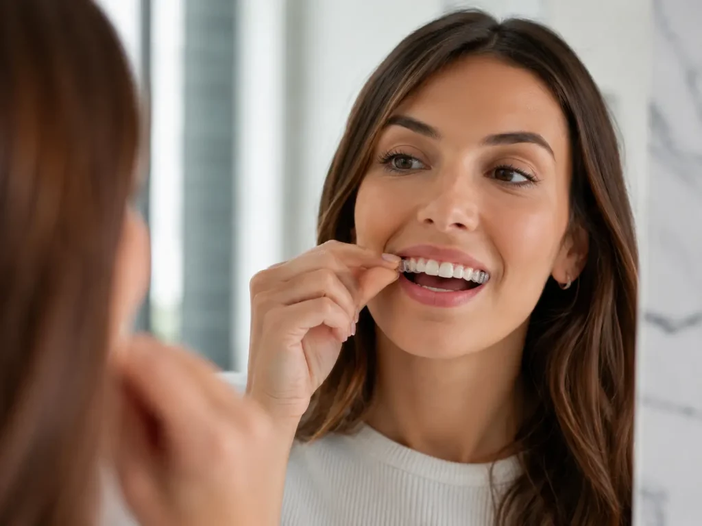 Adjusting her dental aligner in the mirror
