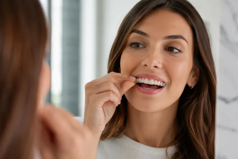 Adjusting her dental aligner in the mirror