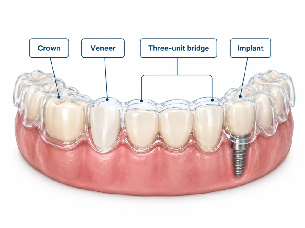 Dental arch with clear aligner and restorations