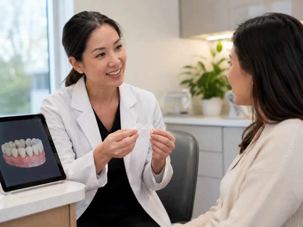 Dental consultation with clear aligner demonstration