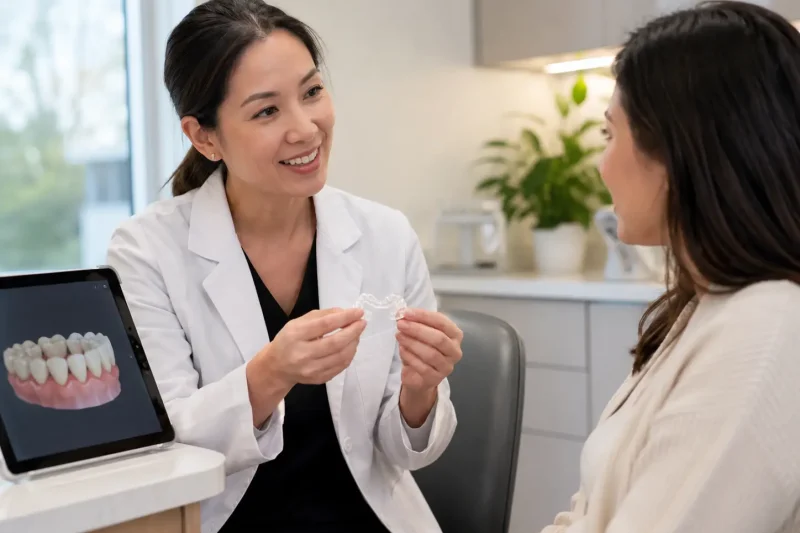 Dental consultation with clear aligner demonstration