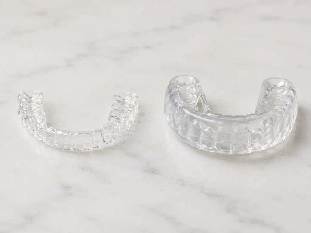 A clean side-by-side photo of a thin clear retainer next to a thicker night guard, on a neutral surface, so the difference in thickness is immediately visible. Simple and informative