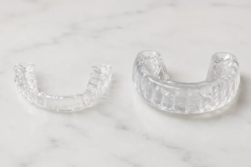A clean side-by-side photo of a thin clear retainer next to a thicker night guard, on a neutral surface, so the difference in thickness is immediately visible. Simple and informative