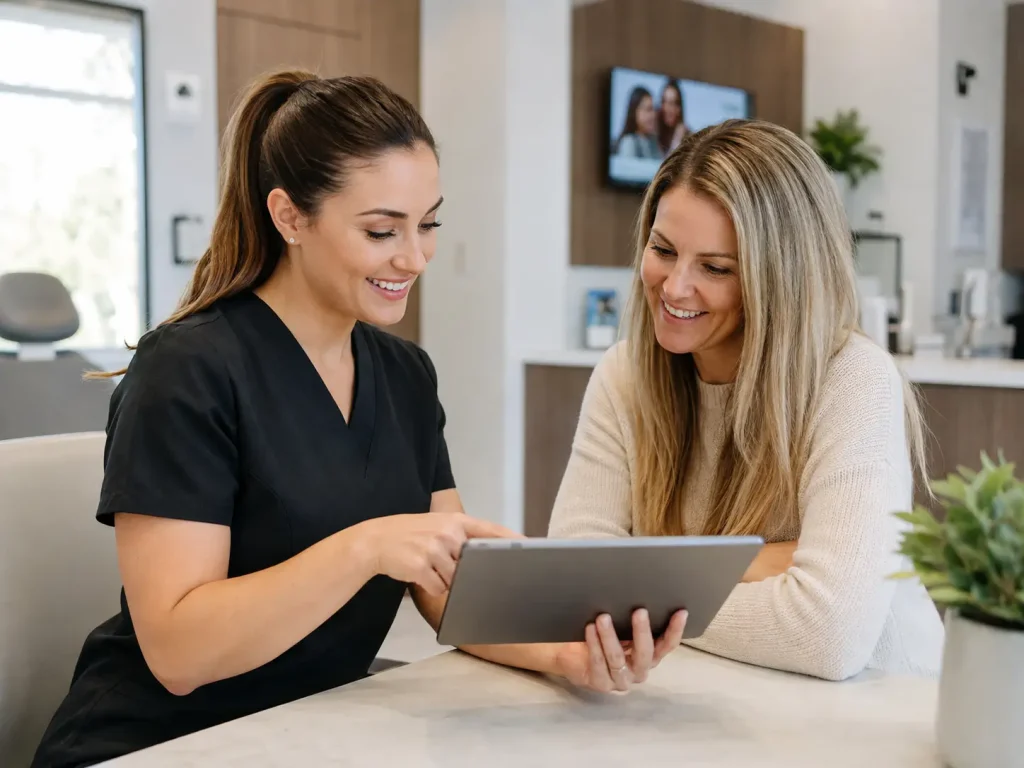 A warm, approachable image of a treatment coordinator reviewing a payment plan on a tablet with a smiling patient or parent. Conveys ease and transparency around finances