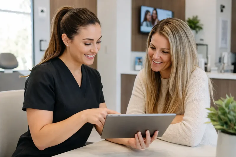 A warm, approachable image of a treatment coordinator reviewing a payment plan on a tablet with a smiling patient or parent. Conveys ease and transparency around finances