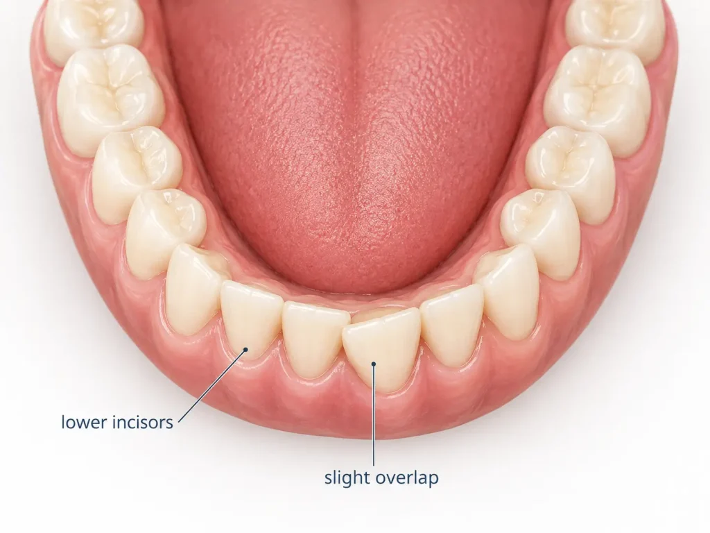 A close-up of a lower dental arch showing slight overlapping of the front incisors, labeled gently. Educational and relatable, not alarming