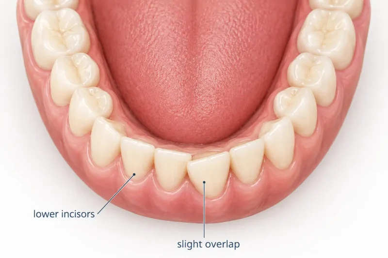 A close-up of a lower dental arch showing slight overlapping of the front incisors, labeled gently. Educational and relatable, not alarming