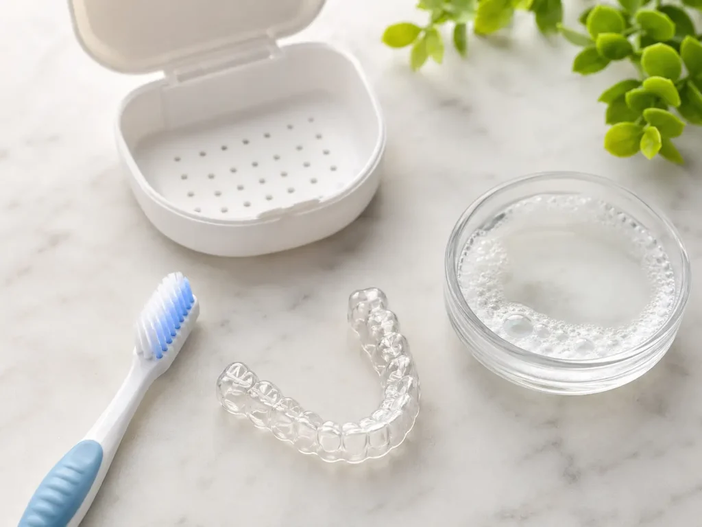 A clean flat-lay of a clear retainer next to a soft toothbrush, a ventilated retainer case, and a small dish of soapy water. Bright and practical, showing safe cleaning tools.