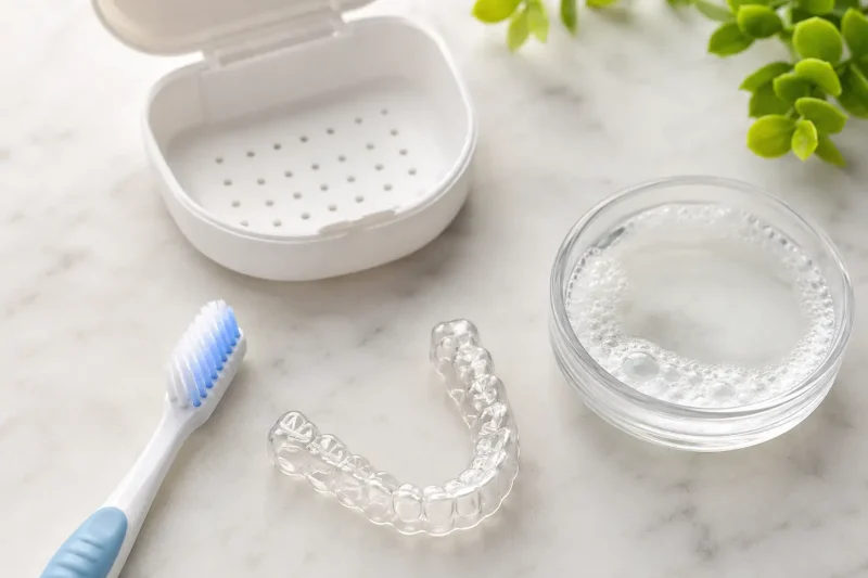 A clean flat-lay of a clear retainer next to a soft toothbrush, a ventilated retainer case, and a small dish of soapy water. Bright and practical, showing safe cleaning tools.
