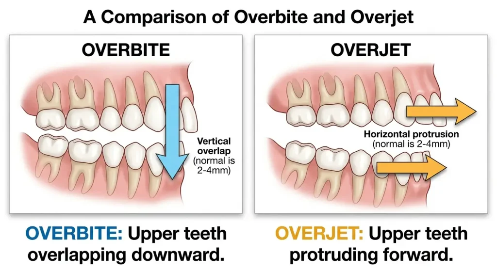 diagram comparing vertical overbite and horizontal overjet of the front teeth