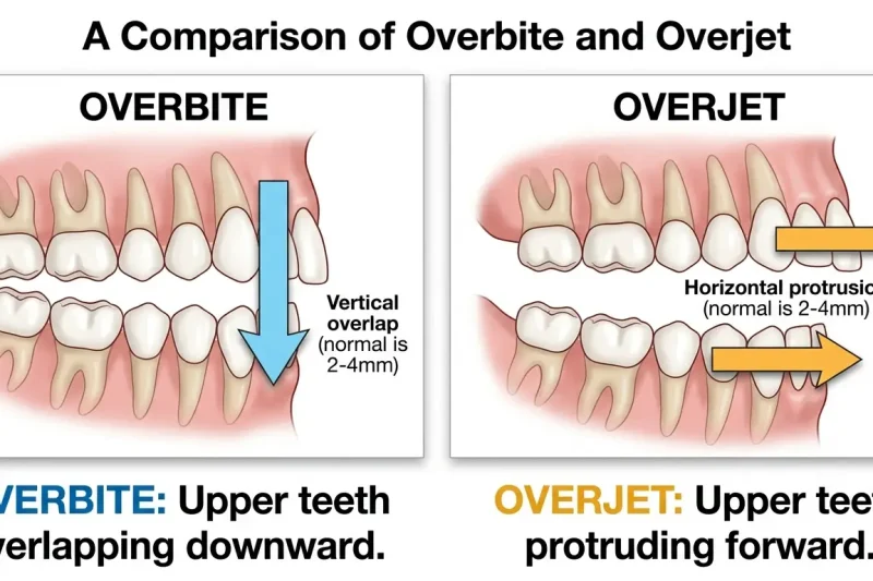 diagram comparing vertical overbite and horizontal overjet of the front teeth