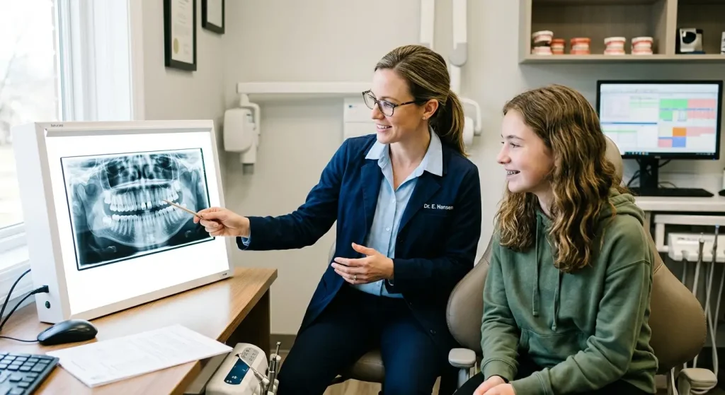 orthodontist reviewing a dental X-ray to assess crowding and spacing for braces.
