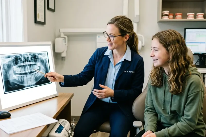 orthodontist reviewing a dental X-ray to assess crowding and spacing for braces.