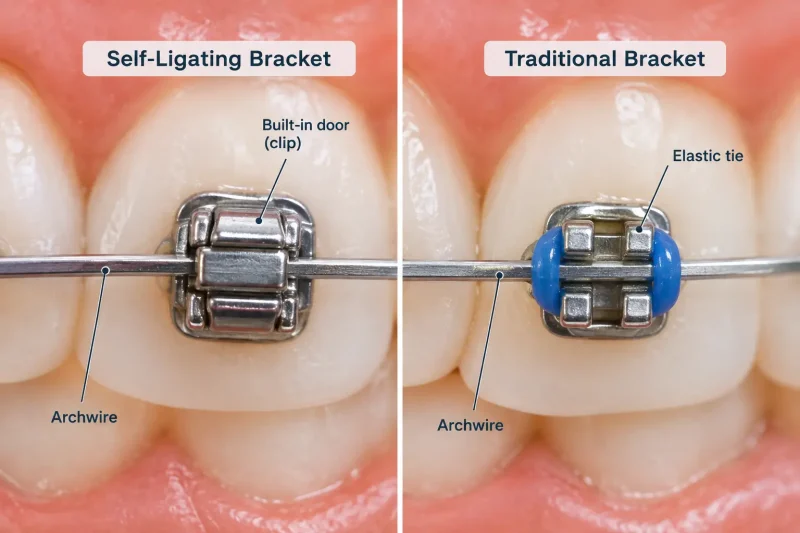 self-ligating bracket with built-in clip beside a traditional bracket with an elastic tie