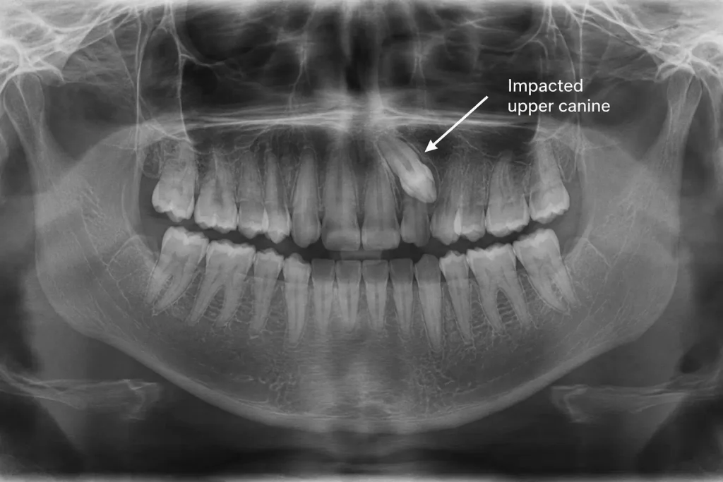 Panoramic X-ray showing an impacted maxillary canine trapped above the dental arch